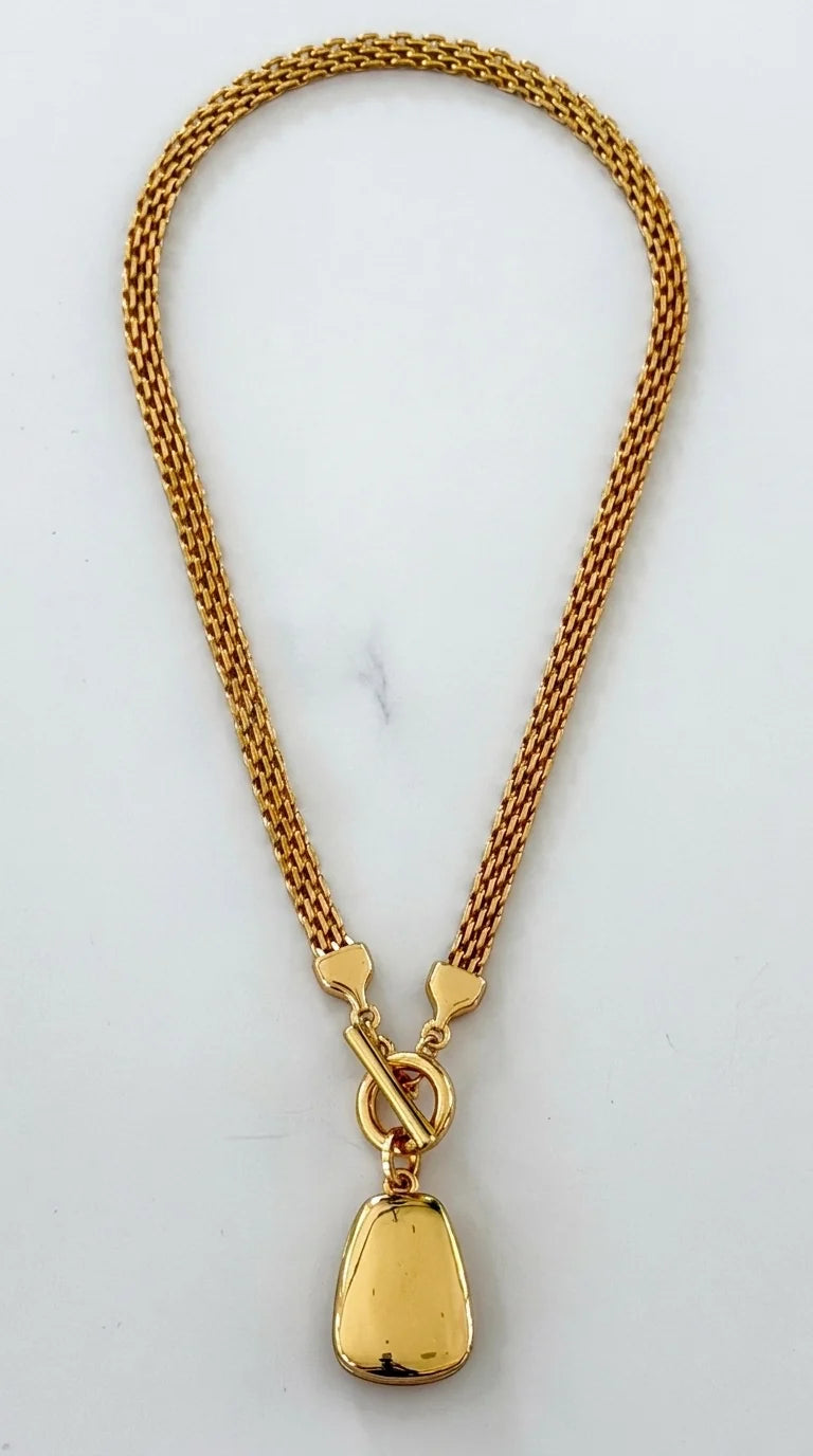 Short Gold Mesh Chain Necklace with T-Bar & Gold Pendant