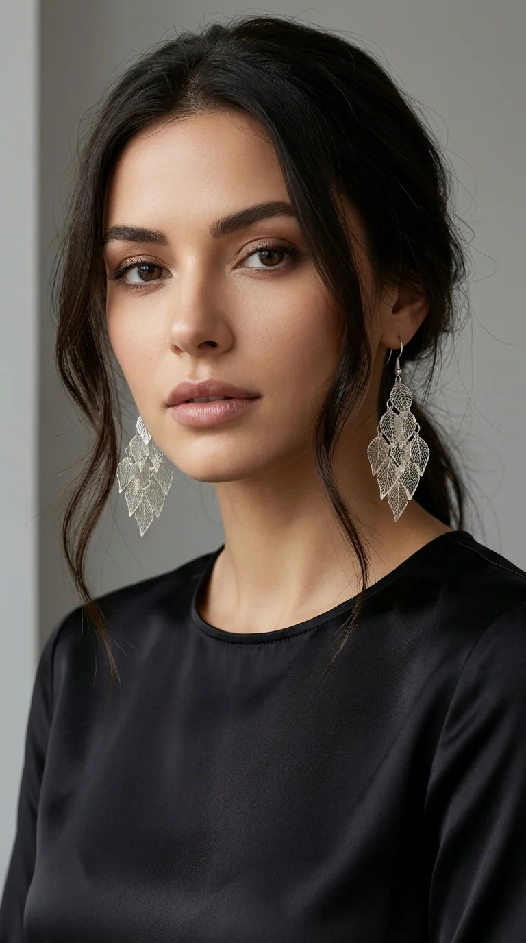 Long Silver Leaf Design Earring