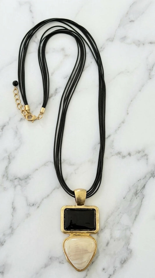 Long Black Cord Necklace with Black & Cream Large Pendant