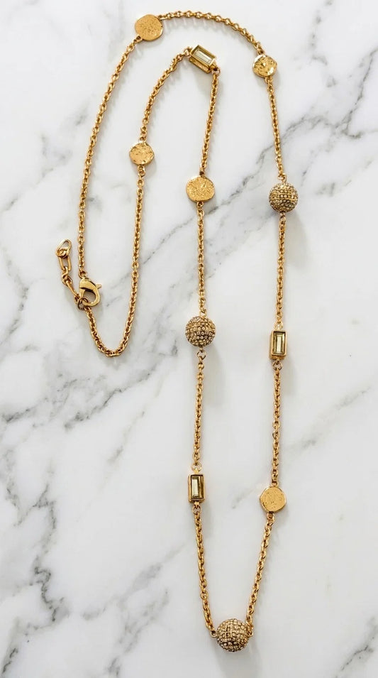 Long Gold Necklace with Diamante Ball & Square Crystal Design