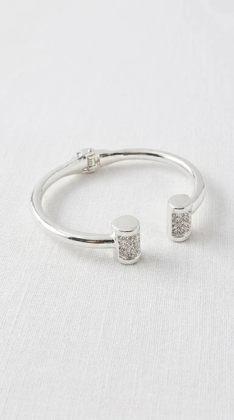 Silver Bangle with Diamante Barrell Detail