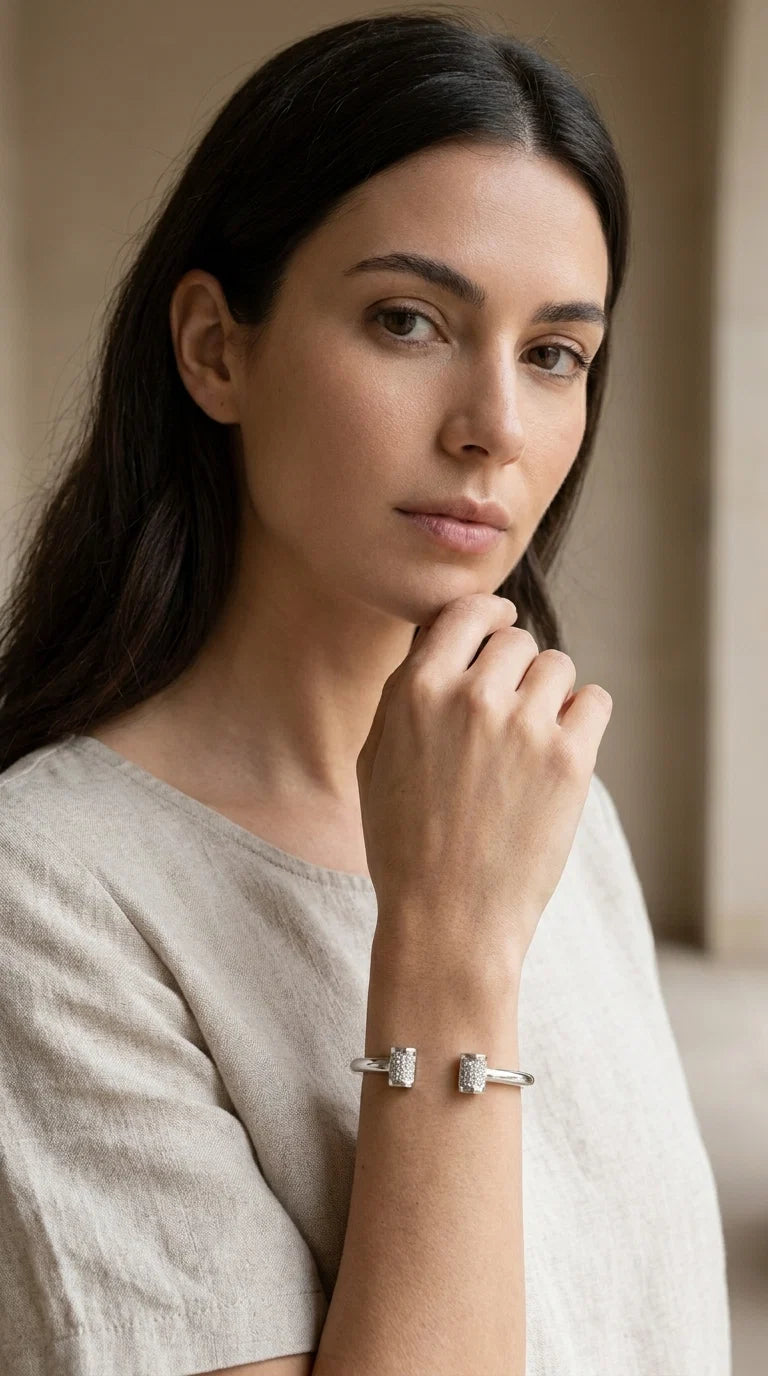 Silver Bangle with Diamante Barrell Detail