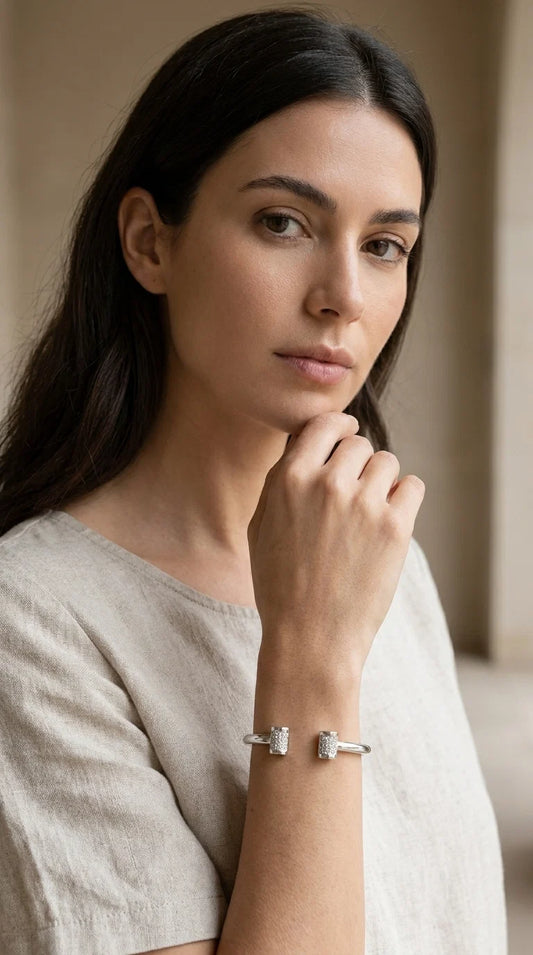Silver Bangle with Diamante Barrell Detail