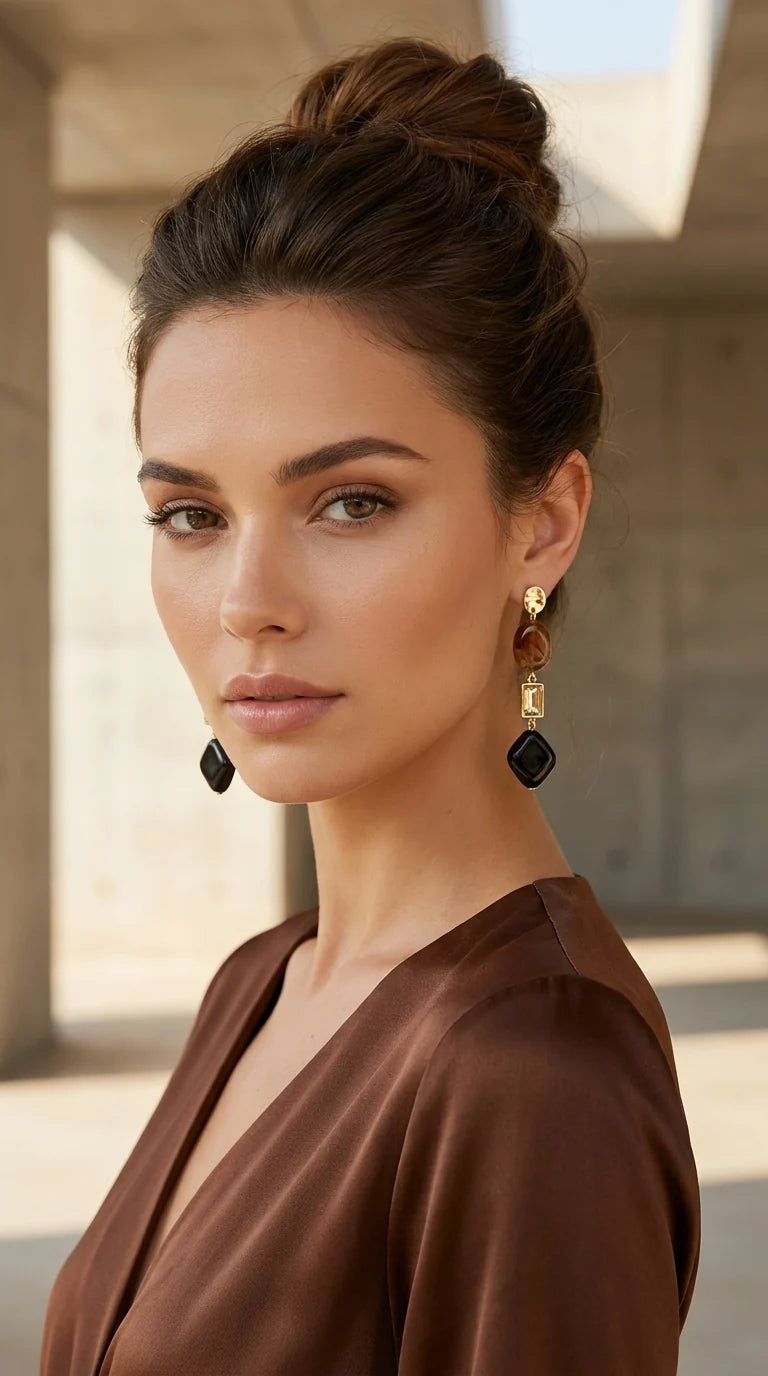 Gold, Brown, Black & Crystal Dropper Earring