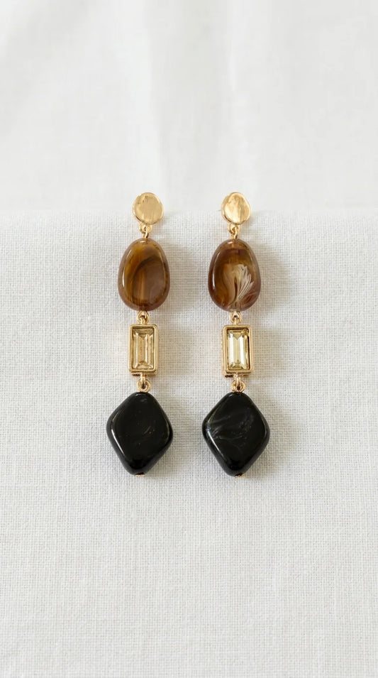 Gold, Brown, Black & Crystal Dropper Earring