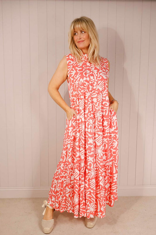Coral Abstract Tiered Maxi Dress