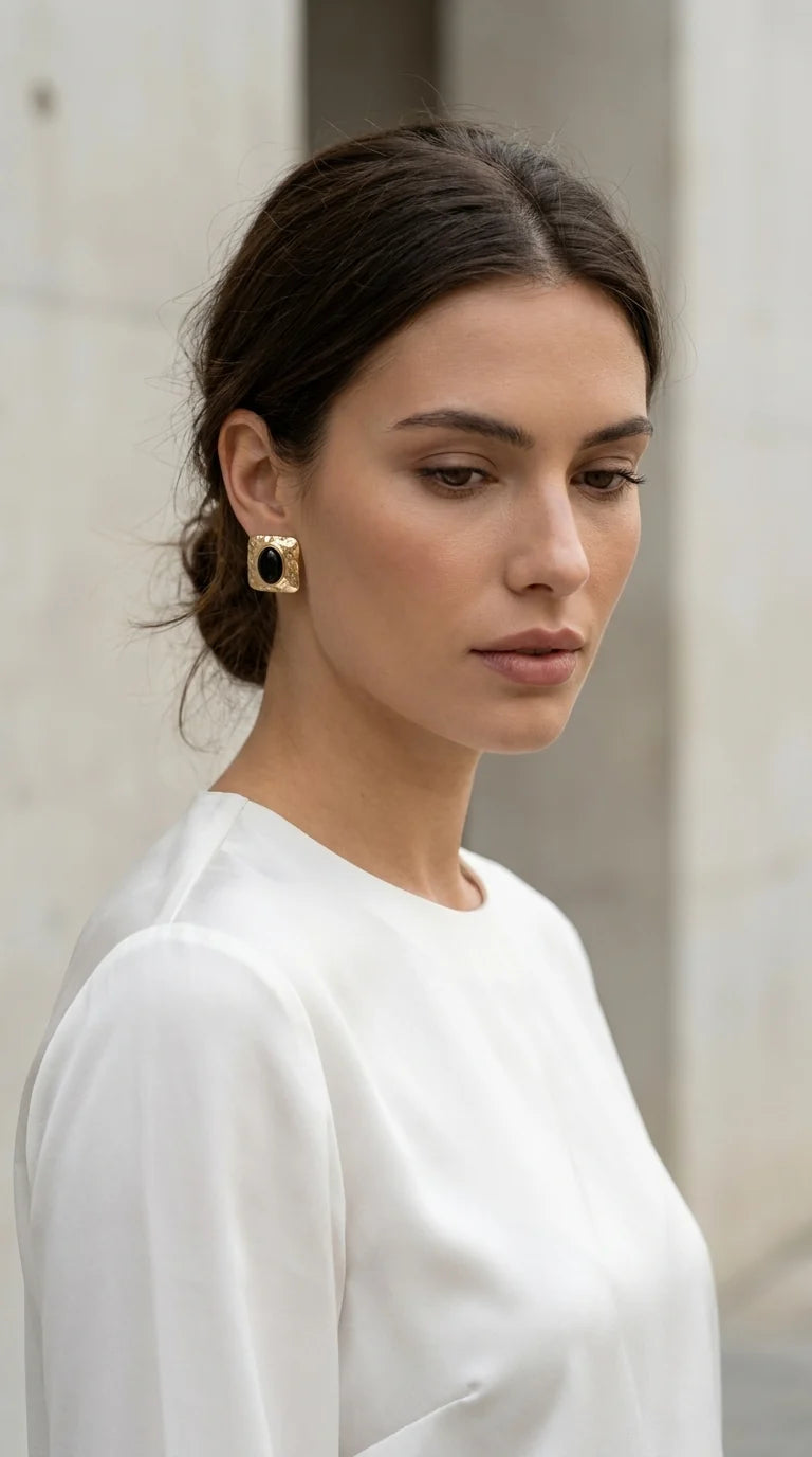 Gold Square Earring with Black Resin Detail