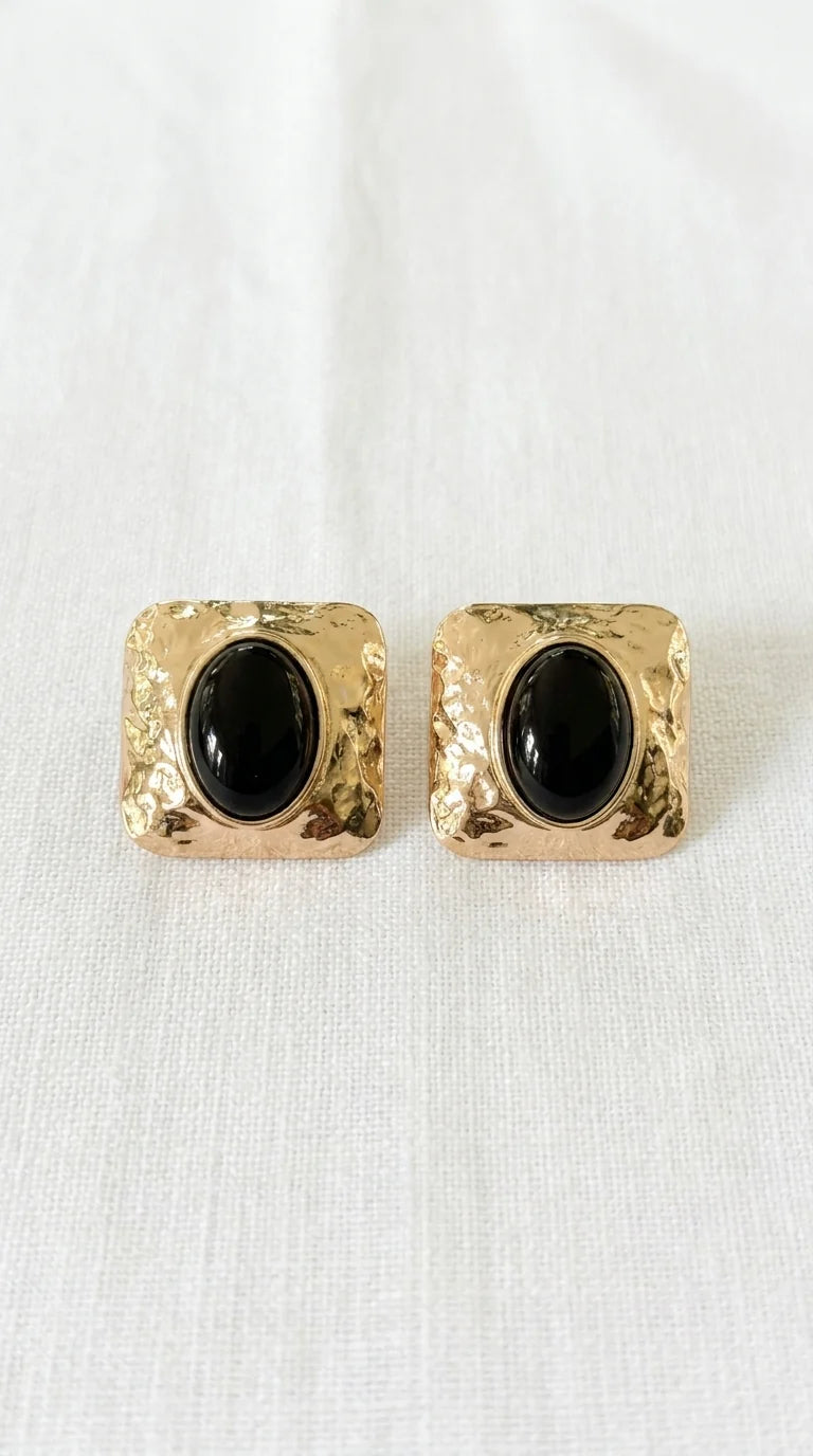 Gold Square Earring with Black Resin Detail