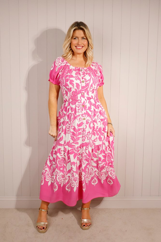 Fuchsia Mono Puff Sleeve Shirred Maxi Dress