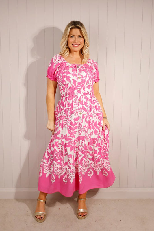 Fuchsia Mono Puff Sleeve Shirred Maxi Dress