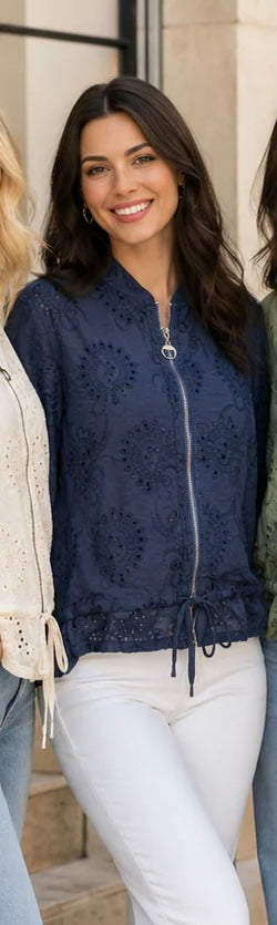 Navy Broderie Anglaise Bomber Jacket