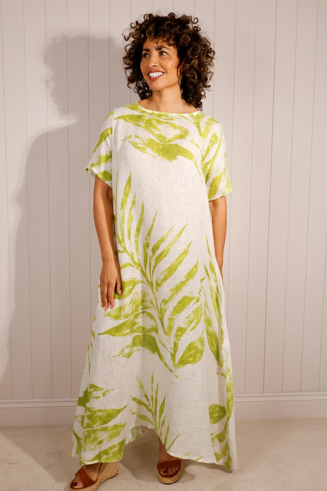 Lime Linen/Cotton Mix Leaf Print Dress
