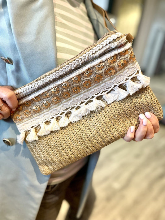 Taupe Natural Raffia with Cream Tassel Detail