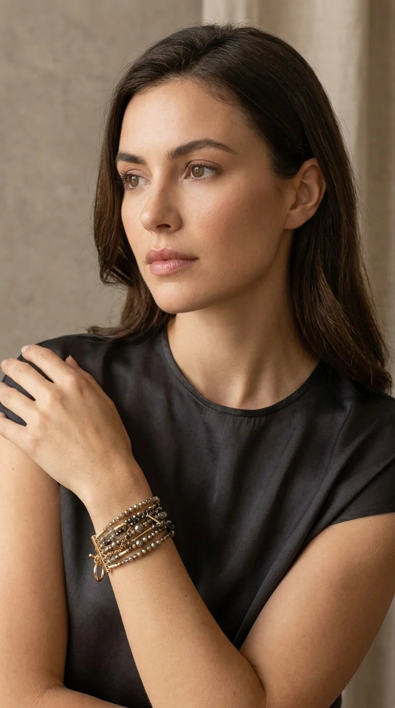 Multi Layered Taupe & Grey Beaded T-Bar Bracelet