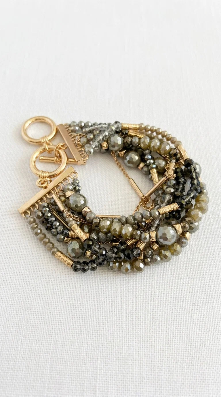 Multi Layered Taupe & Grey Beaded T-Bar Bracelet