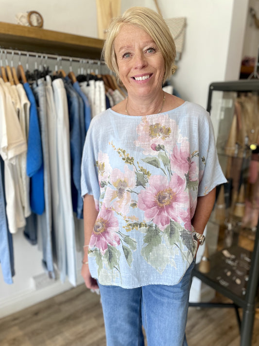 Pale Blue Floral Linen Blend Top