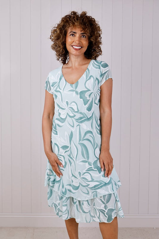 Mint Abstract Cotton Layered Midi Dress