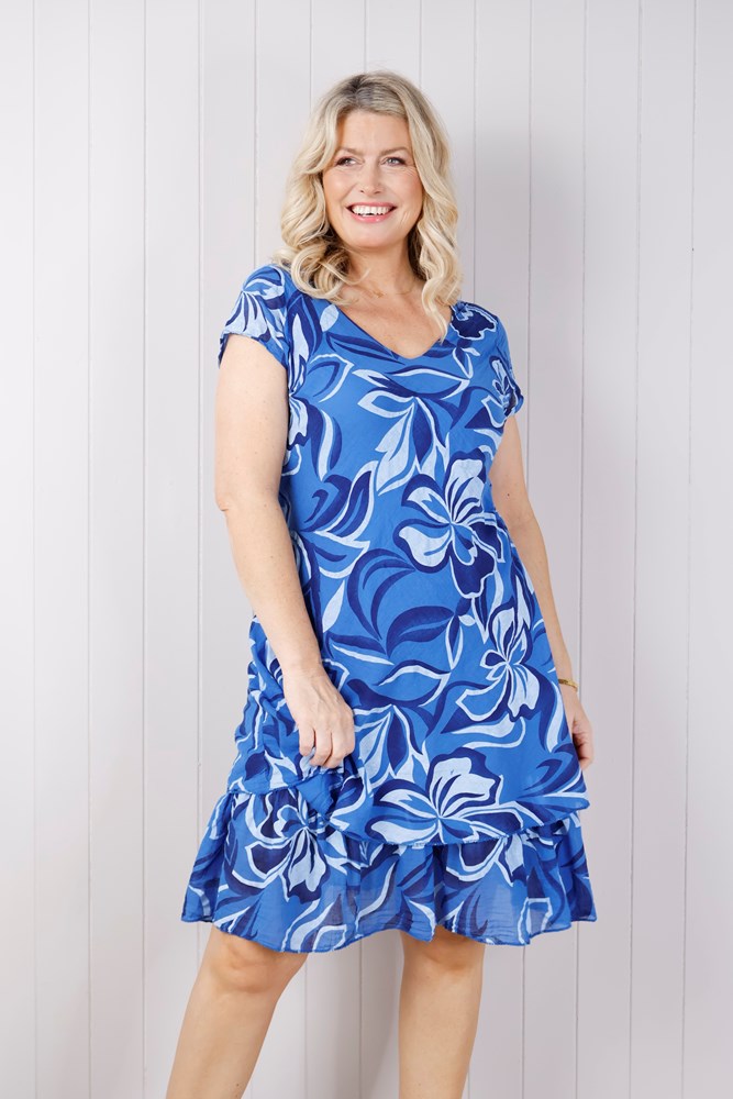 Royal Blue Abstract Cotton Layered Midi Dress
