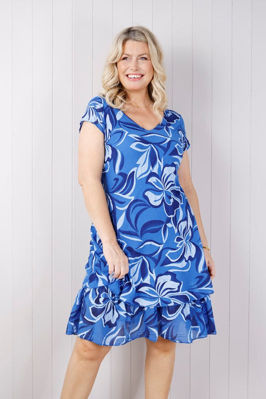 Royal Blue Abstract Cotton Layered Midi Dress