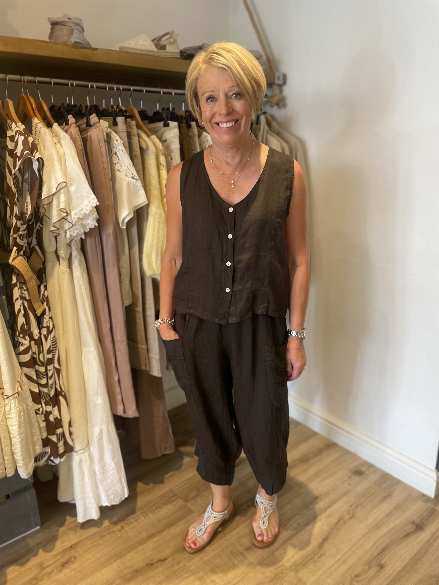 Chocolate Linen Button Waistcoat