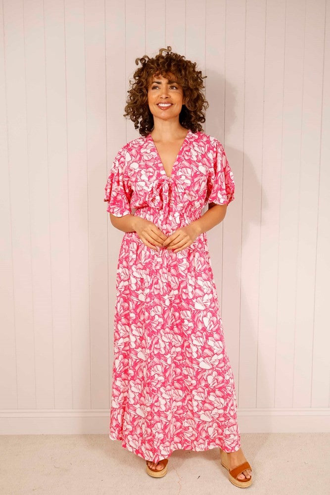 Fuchsia Flower Bow Elasticated Waist Dress
