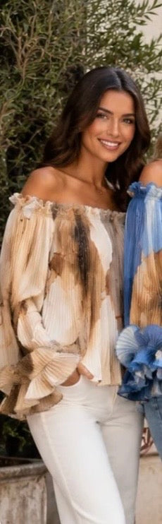 Brown & Pink Printed Off The Shoulder Top