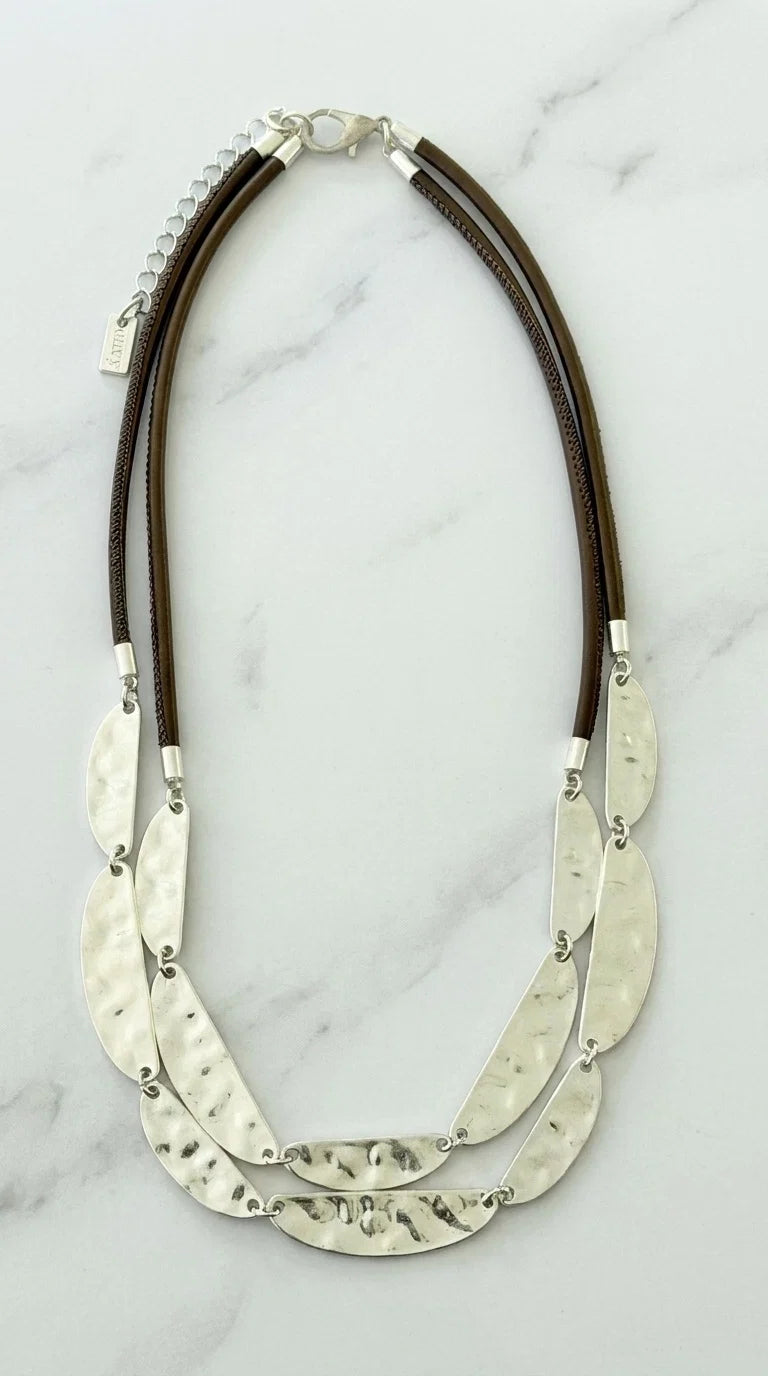 Short Taupe Cord Necklace with Battered Silver Detail