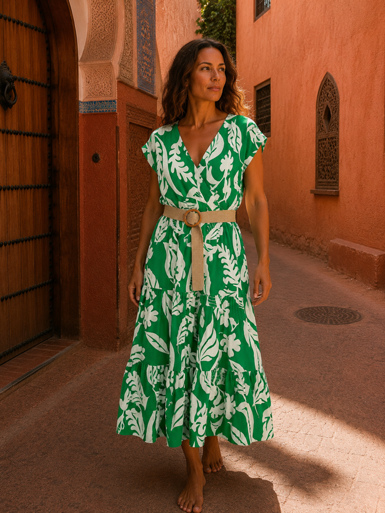 Green Monochrome Midi Belted Dress