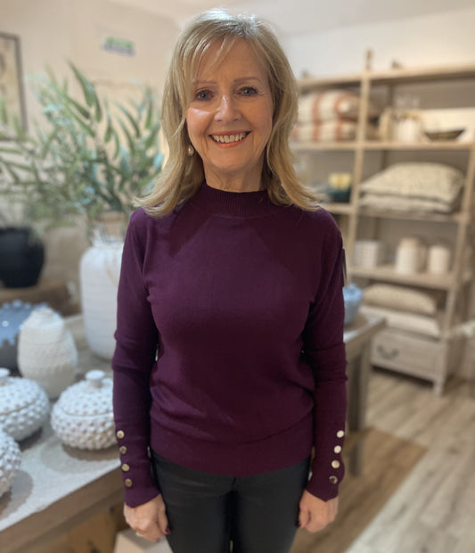 Plum Gold Button Soft Turtle Neck Fine Knit