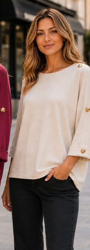 Cream Gold Button Shoulder Oversized Knit Jumper