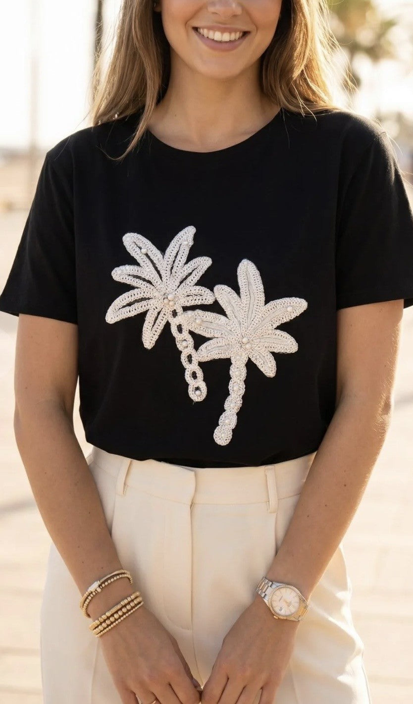 Palm Tree Embroidered Black T‑Shirt