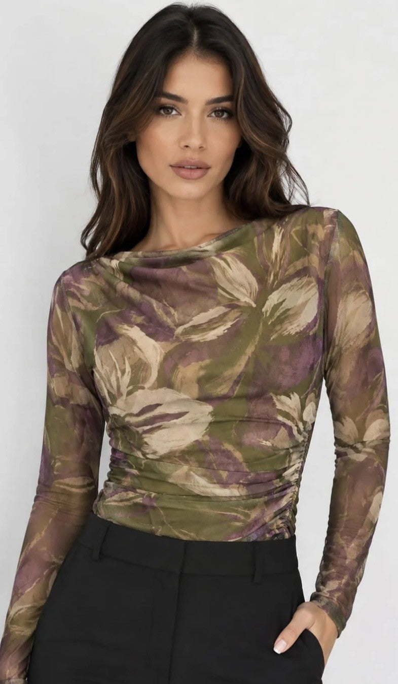 Taupe Vintage Floral Sheer Bodysuit Top
