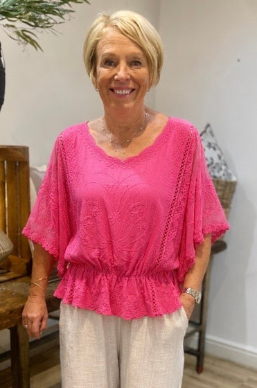 Fuschia Cotton Embroidered Elastic Waist top