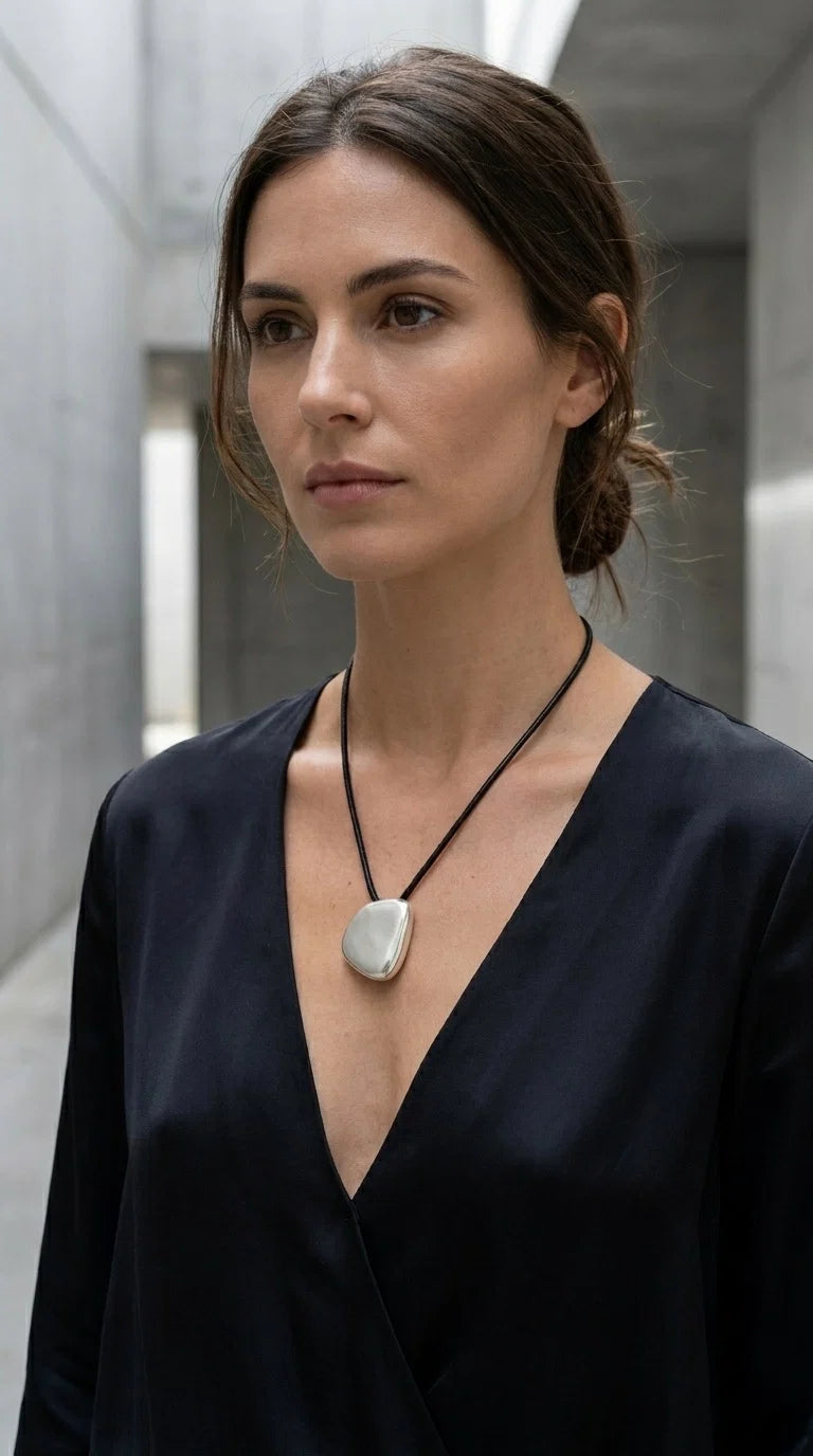 Short Black Cord Necklace with Silver Pendant