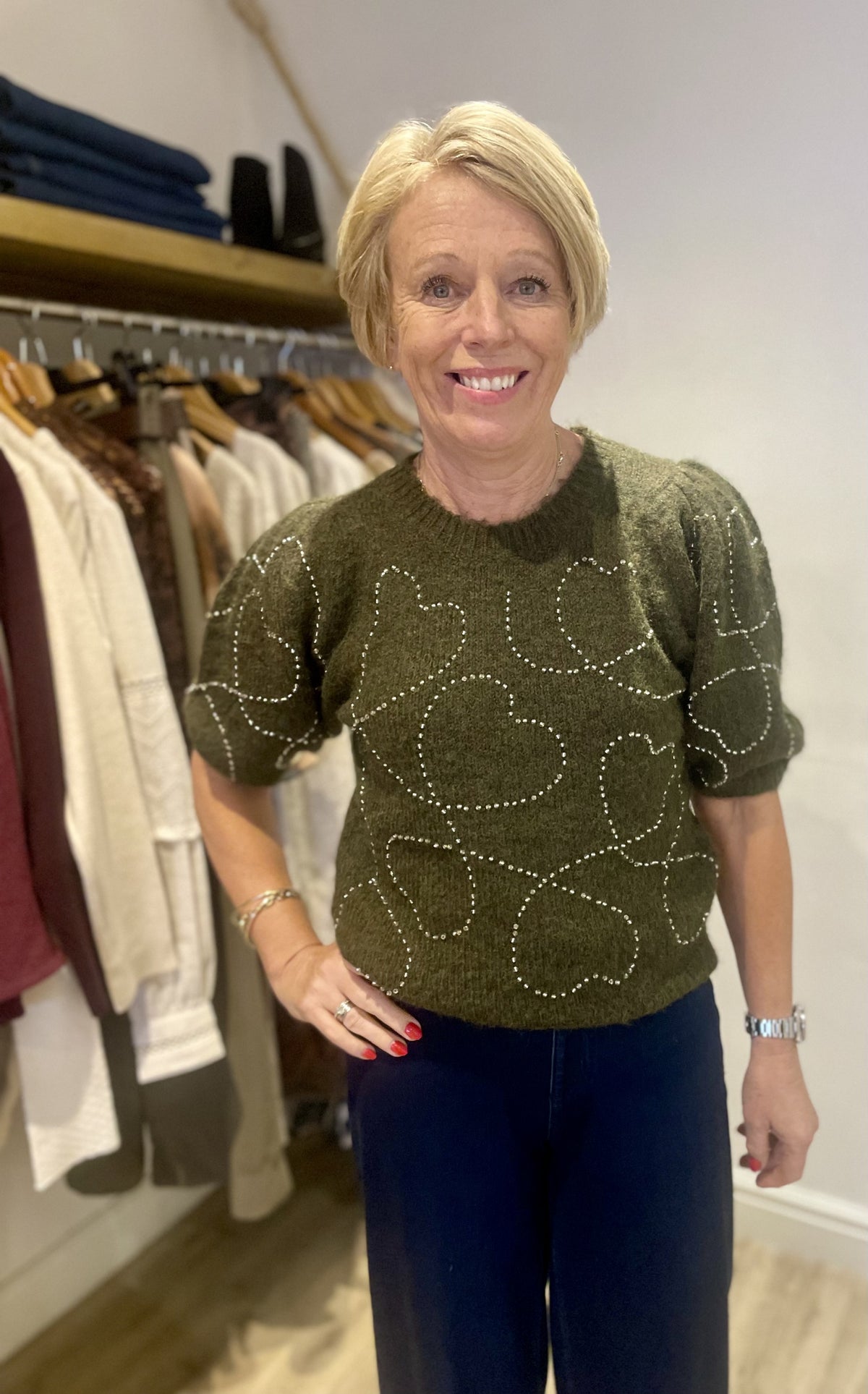 Khaki Sequin Heart Soft Touch Short Sleeve Knit Jumper