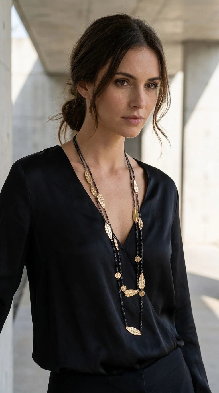 Long Black Double Chain Necklace with Hammered Gold Leaf & Oval Detail