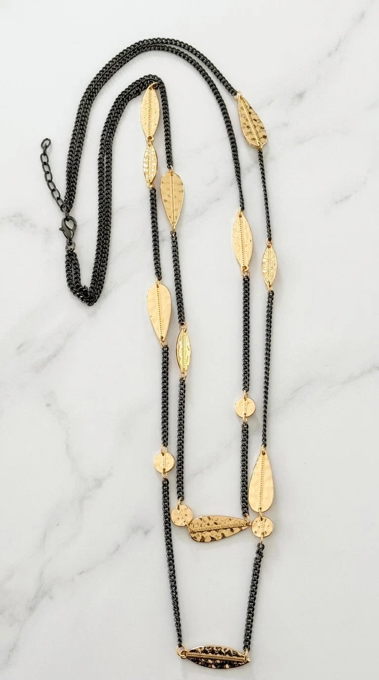 Long Black Double Chain Necklace with Hammered Gold Leaf & Oval Detail
