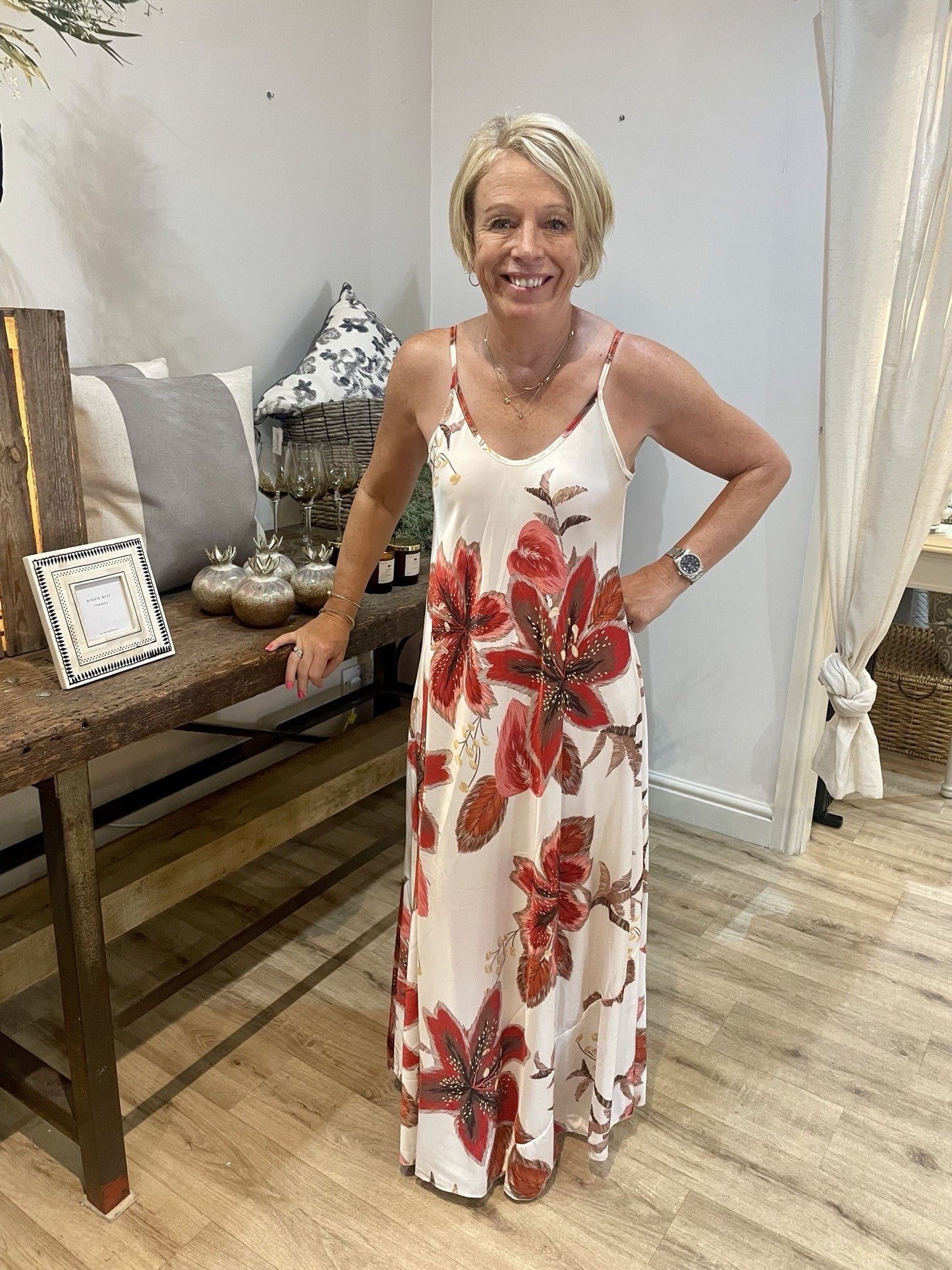 Red Strappy Satin Look Flower Dress