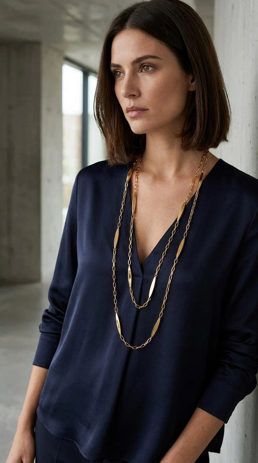 Long Gold Link Necklace with Gold Bar Detail