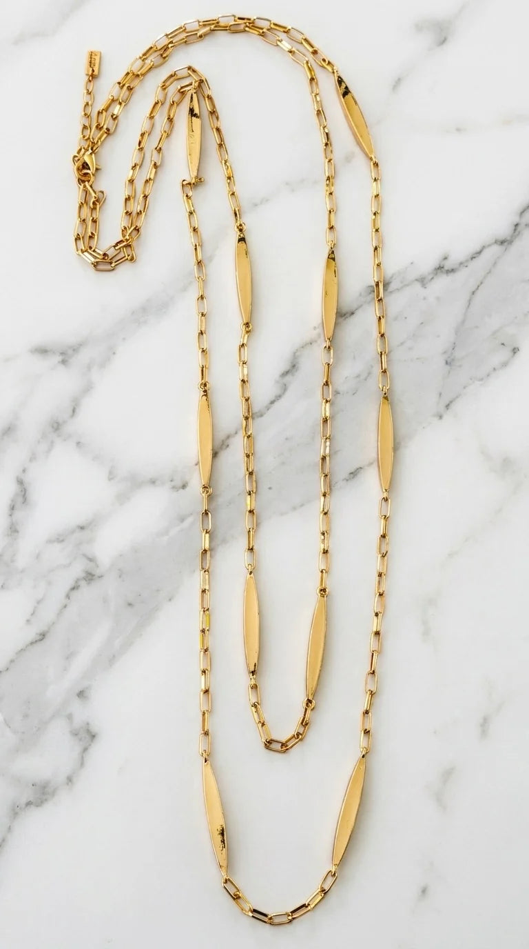 Long Gold Link Necklace with Gold Bar Detail