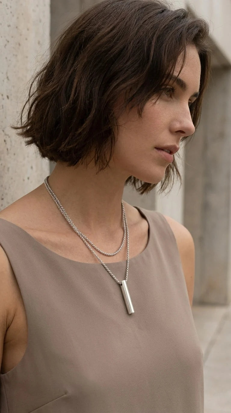 Silver Short Necklace with Silver Bar Pendant
