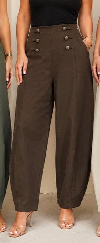 Chocolate Brown Military Button Barrel Leg Twill Trousers