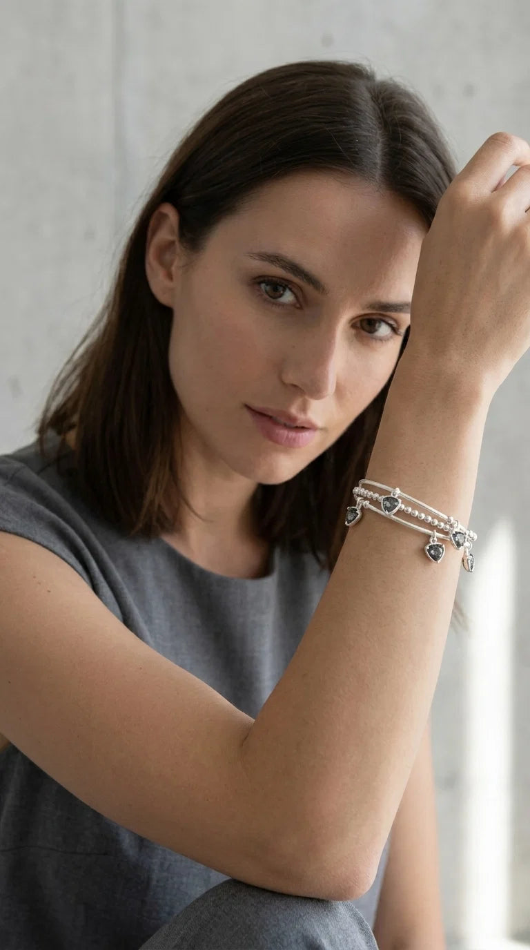 Silver Triple Layer Bracelet with Smokey Grey Crystal Charms