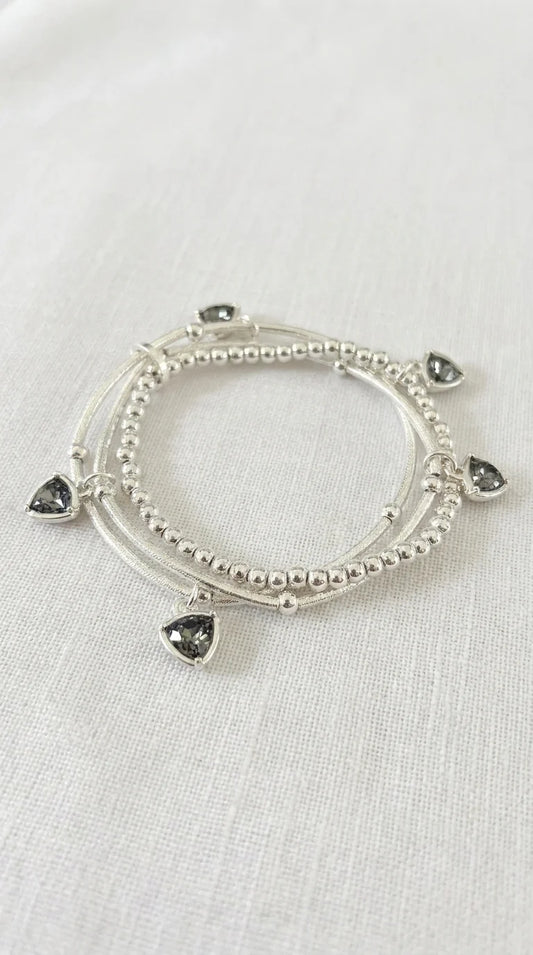 Silver Triple Layer Bracelet with Smokey Grey Crystal Charms