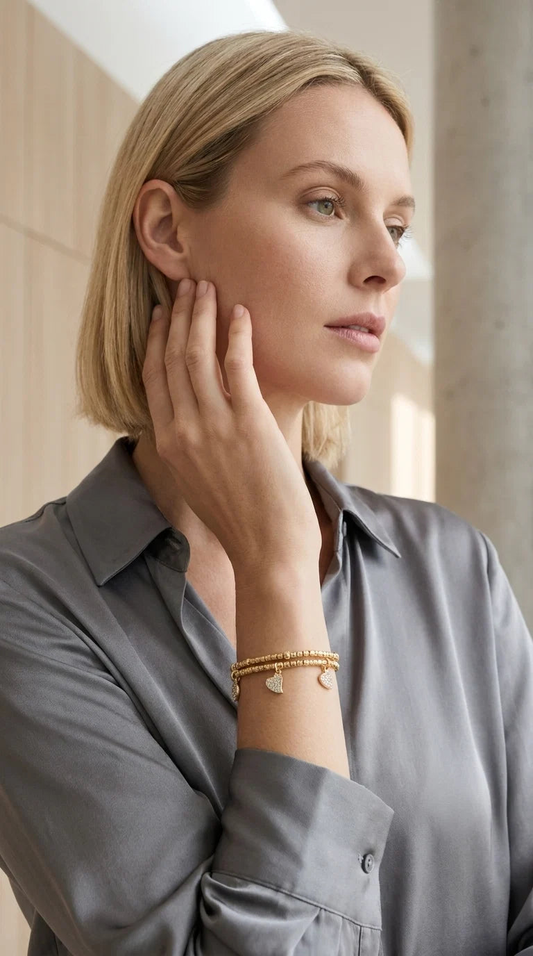 Gold Wraparound Bracelet with Diamante Heart & Circle Charms