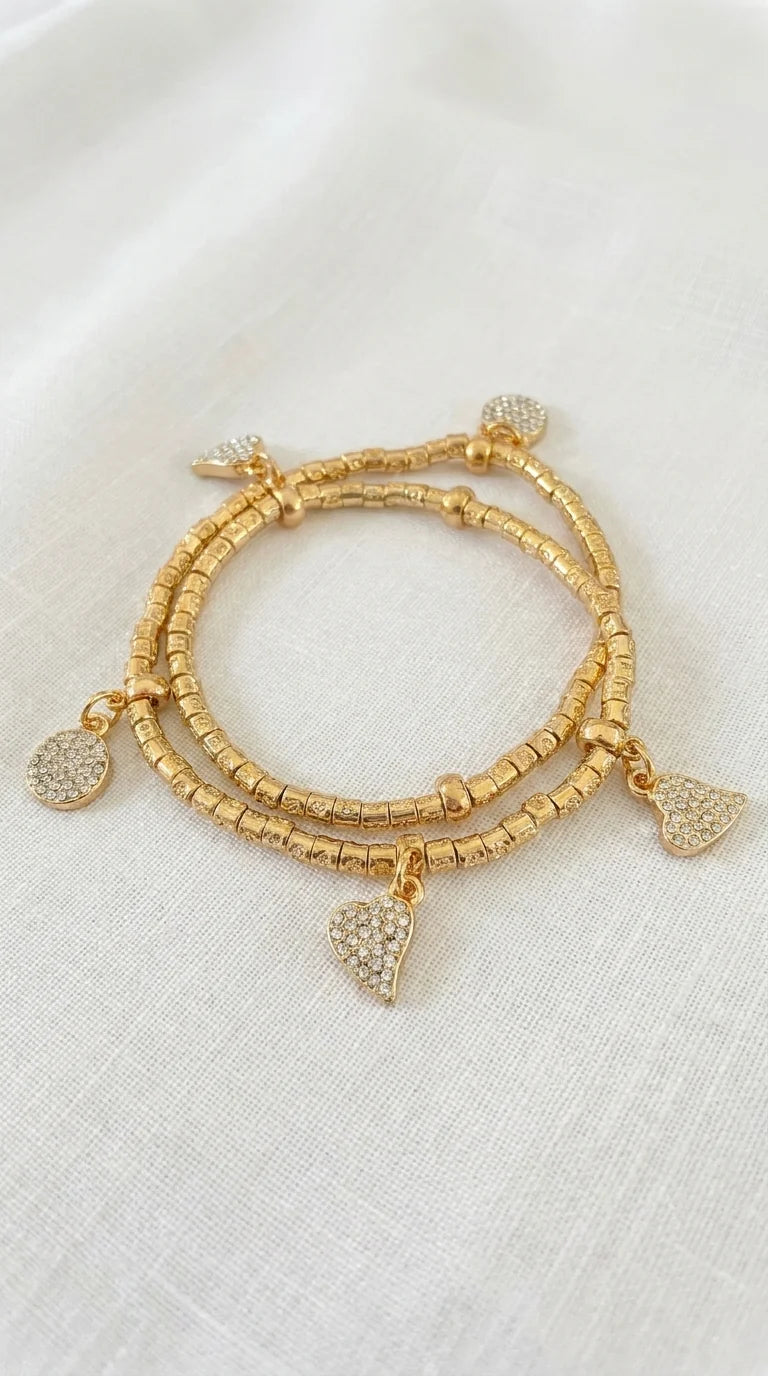 Gold Wraparound Bracelet with Diamante Heart & Circle Charms