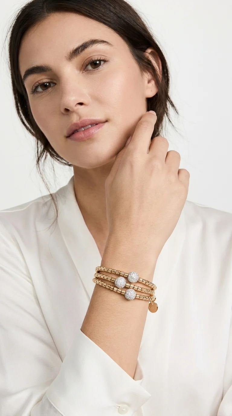Gold Triple Layered Bracelet with Diamante Ball Design