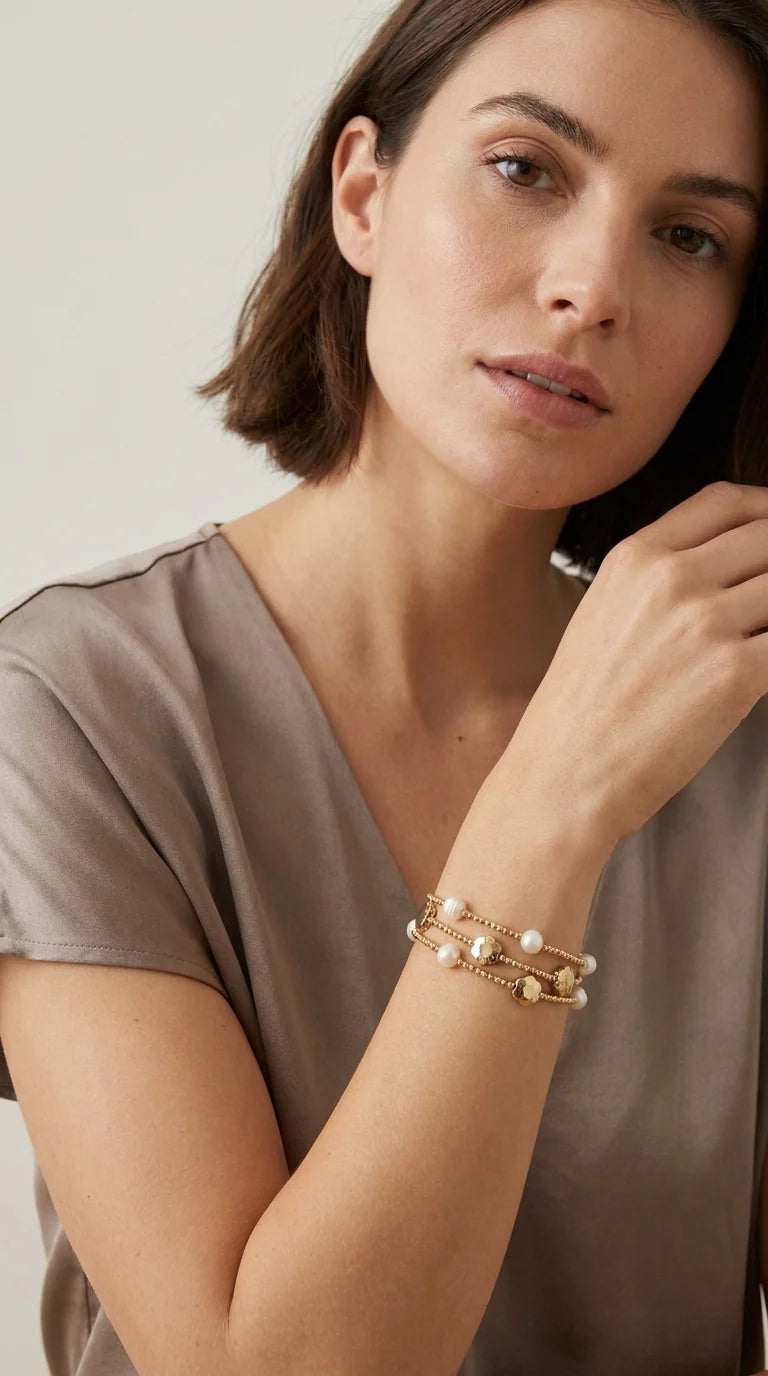 Triple Layered Gold T-Bar Bracelet with Pearl & Flower Detail