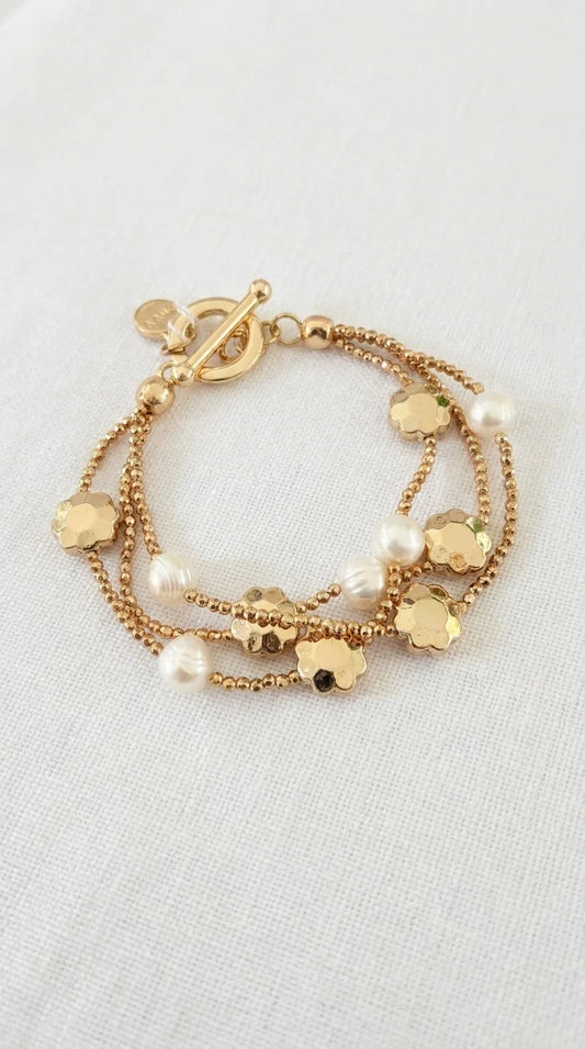 Triple Layered Gold T-Bar Bracelet with Pearl & Flower Detail