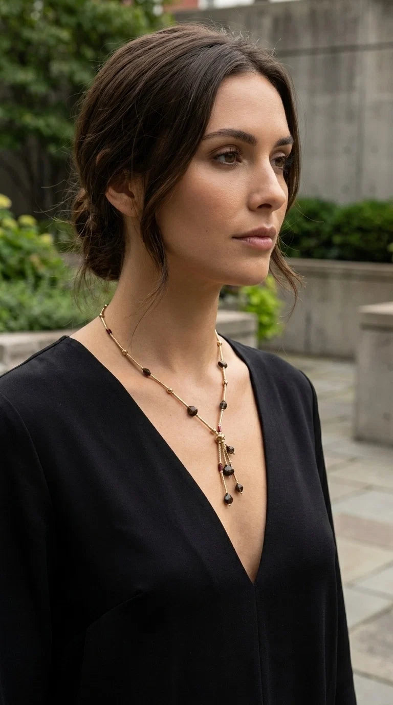 Short Gold Bar & Ball Chain Necklace with Plum & Smoked Grey Tassel Detail